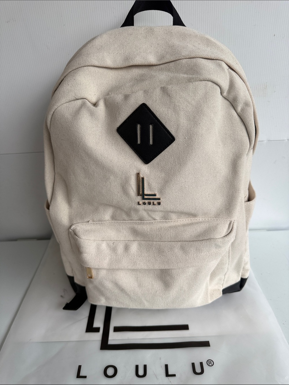 NEW LOULU CANVAS LAPTOP BACKPACK CREAM BLACK GOLD HARDWARE DAY PACK TRAVEL